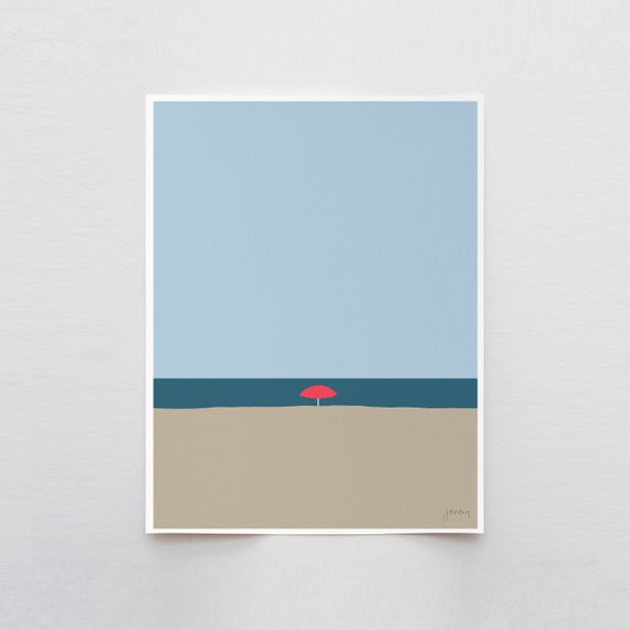 Beach with Red Umbrella Art Print - Signed and Printed by Jorey Hurley - Unframed or Framed - Modern Coastal Wall Art - 120529