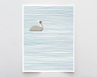 May include: A rectangular art print featuring a stylized pelican with a light gray body and a cream-colored head, floating on a background of numerous horizontal, wavy light blue lines. The artwork is set against a plain white border.