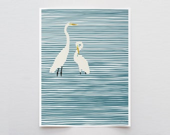 Striped Water with Egrets Art Print - Signed and Printed by Jorey Hurley - Unframed or Framed - 141106