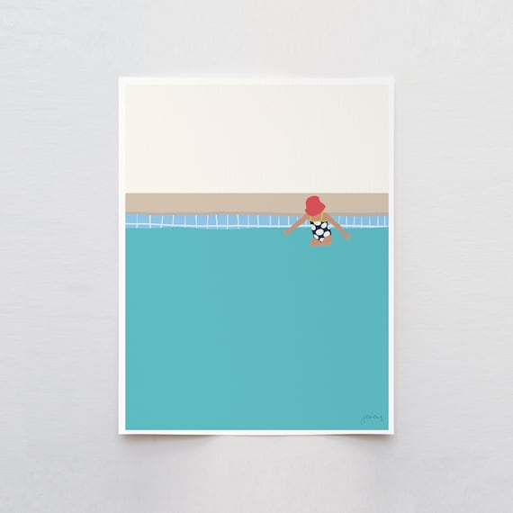 Little Girl with Sunhat in Pool Art Print - Signed and Printed by Jorey Hurley - Unframed or Framed - 140702