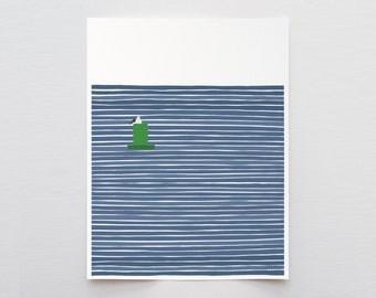 Green Buoy with Seagull Art Print - Signed by Jorey Hurley - 230604