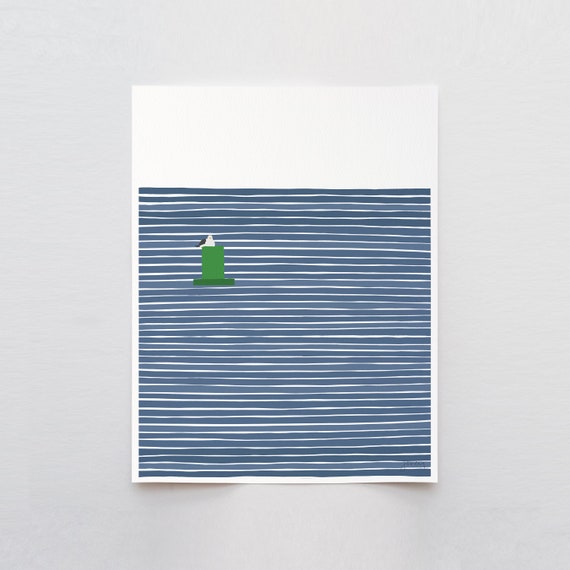 Green Buoy with Seagull Art Print - Signed and Printed by Jorey Hurley - Unframed or Framed - 230604
