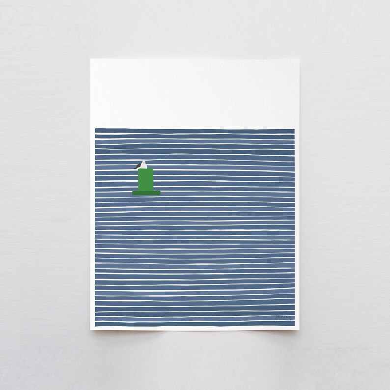 May include: A minimalist illustration of a green lighthouse with a white bird on top, set against a blue and white striped background.