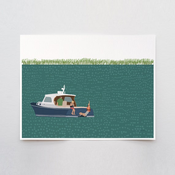 Boys Jumping off a Boat Art Print - Signed and Printed by Jorey Hurley - Unframed or Framed - 211029