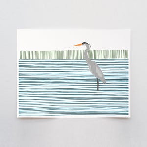 Signed Blue Heron Art Print – Abstract Wetland Bird Illustration by Jorey Hurley - 250401