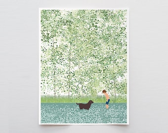 River with Boy and Dog Art Print - Signed and Printed by Jorey Hurley - Unframed or Framed - 210626