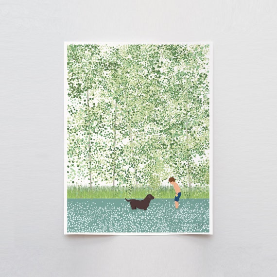 River with Boy and Dog Art Print - Signed and Printed by Jorey Hurley - Unframed or Framed - 210626
