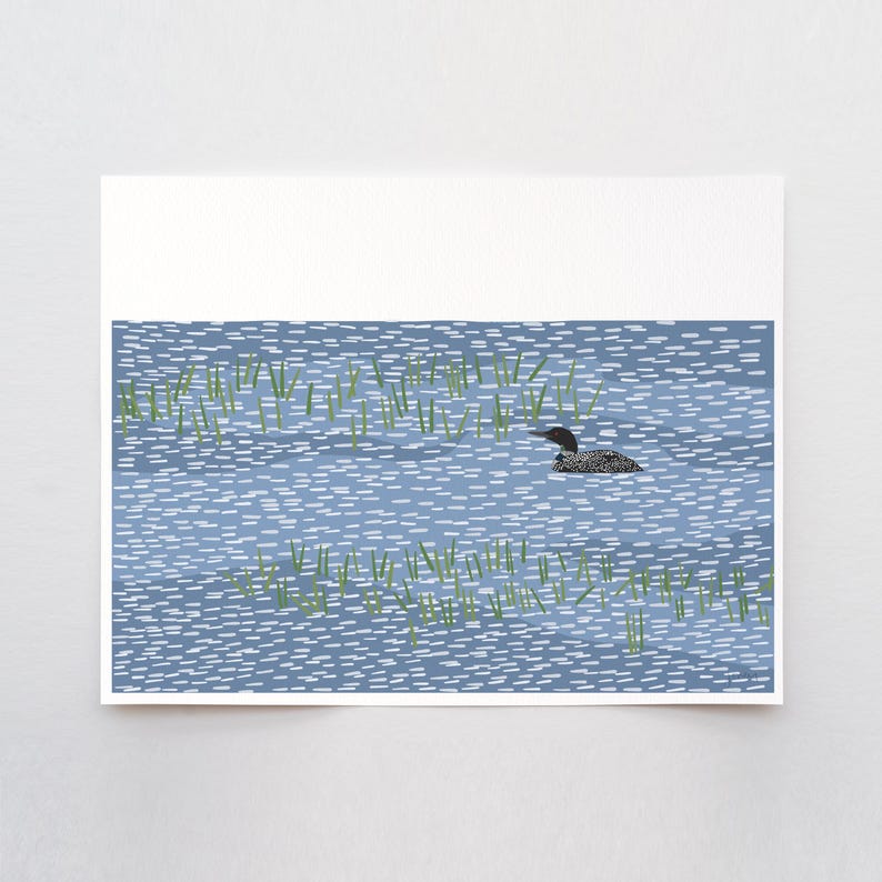 May include: A rectangular art print featuring a stylized illustration of a black and white loon swimming in blue water. The water is depicted with short, horizontal white dashes, and patches of green reeds emerge from the surface.