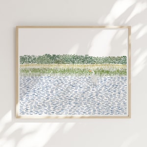 May include: A framed illustration of a white egret standing in a blue body of water. The background is a green and yellow landscape of grass and trees. The illustration is made up of small, repeated lines and dots.
