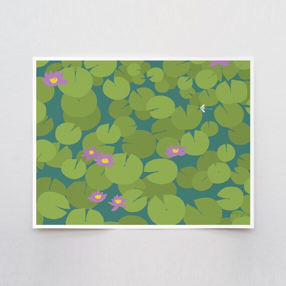 Lily Pads with Dragonfly Art Pint - Signed and Printed by Jorey Hurley - Unframed or Framed - 240328