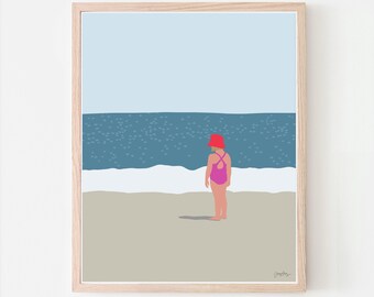 Girl with Sunhat at Beach Art Print. Signed Wall Decor. Framed or Unframed. Seeking Endless Summer Outdoors. 130718.