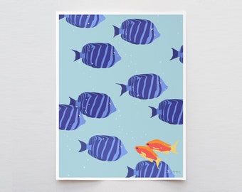Striped Blue Fish Art Print - Signed and Printed by Jorey Hurley - Unframed or Framed - 240211