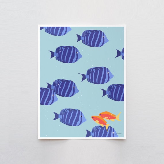 Striped Blue Fish Art Print - Signed and Printed by Jorey Hurley - Unframed or Framed - 240211