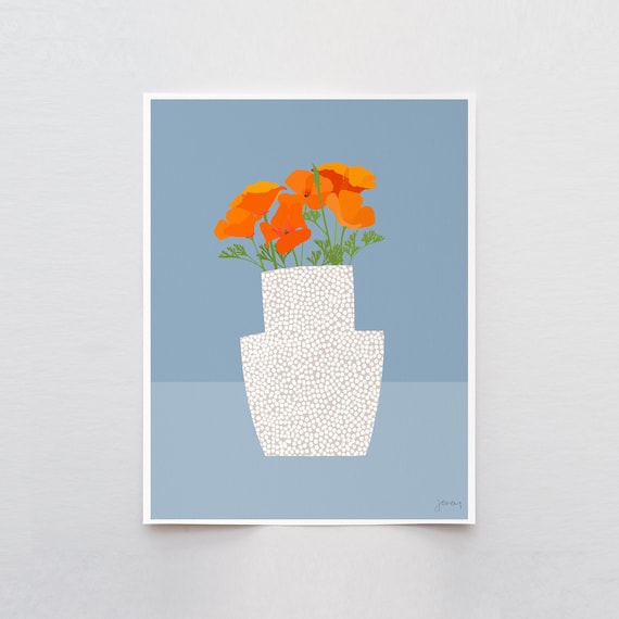 Dotted Vase with California Poppy Art Print- Signed and Printed by Jorey Hurley - Unframed or Framed - 201018