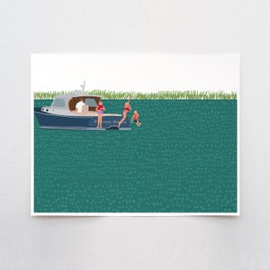 Swimming off a Picnic Boat, coastal wall art, signed print by Jorey Hurley