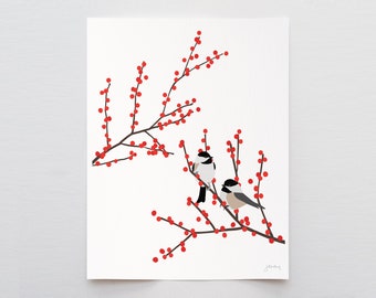 Chickadees with Berries Art Print - Signed and Printed by the Artist - Framed or Unframed - 231224