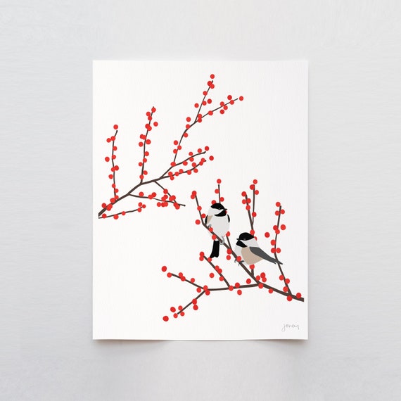 Chickadees with Berries Art Print - Signed and Printed by Jorey Hurley - Unframed or Framed - 231224