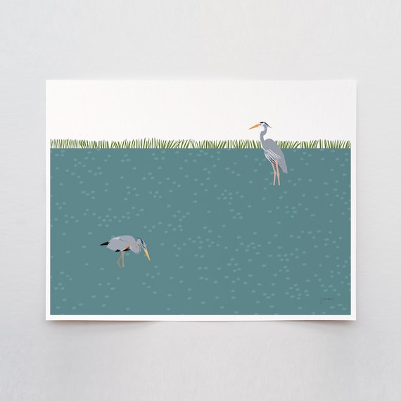 Pair of Great Blue Herons Art Print - Signed and Printed by Jorey Hurley - Unframed or Framed - 211010