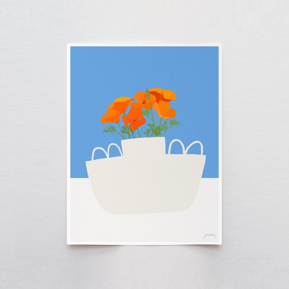 Vase with California Poppy Art Print- Signed and Printed by Jorey Hurley - Unframed or Framed - 201018