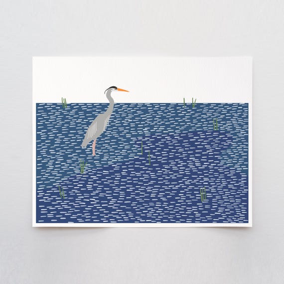 Heron on Windy Water Art Print – Signed and Printed by Jorey Hurley – Framed or Unframed Minimalist Coastal Wall Art – 251020