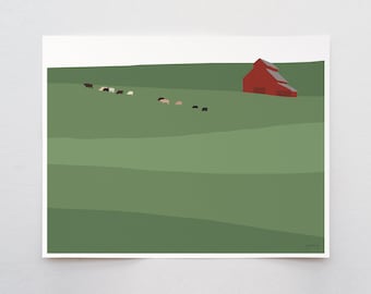 Puede incluir: Un granero rojo se encuentra en una colina verde y ondulada con una línea de vacas blancas y negras caminando por el campo.