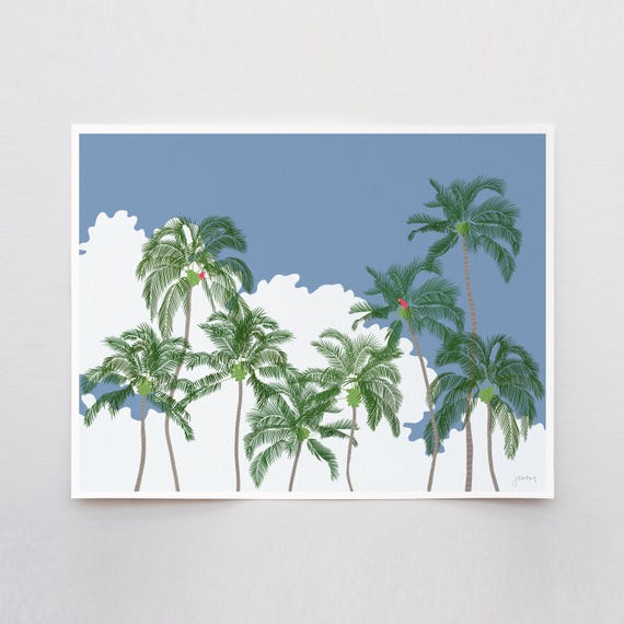 Parrots in Palms Trees Art Print - Signed and Printed by Jorey Hurley - Unframed or Framed - 250202
