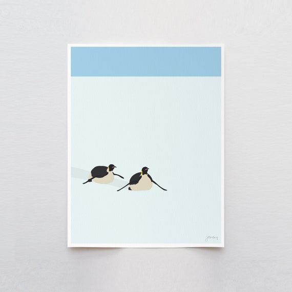 Sliding Emperor Penguins Art Print - Signed and Printed by Jorey Hurley - Unframed or Framed - 240408