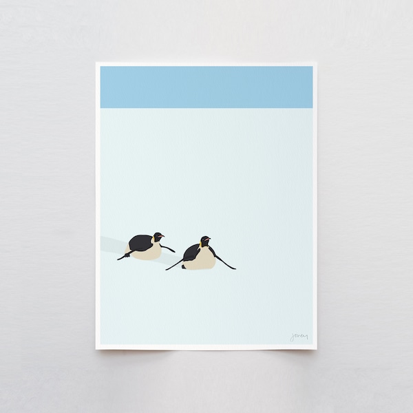Sliding Emperor Penguins Art Print - Signed and Printed by Jorey Hurley - Unframed or Framed - 240408