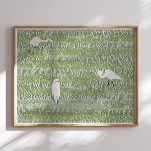 May include: A digital illustration of three white egrets standing in a field of green grass. The egrets are facing different directions and have long, slender necks and beaks.