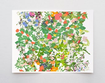 May include: A rectangular art print featuring a dense, colorful botanical illustration of various wildflowers and green foliage. The composition includes vibrant red, orange, pink, blue, and yellow blossoms scattered among lush green leaves.