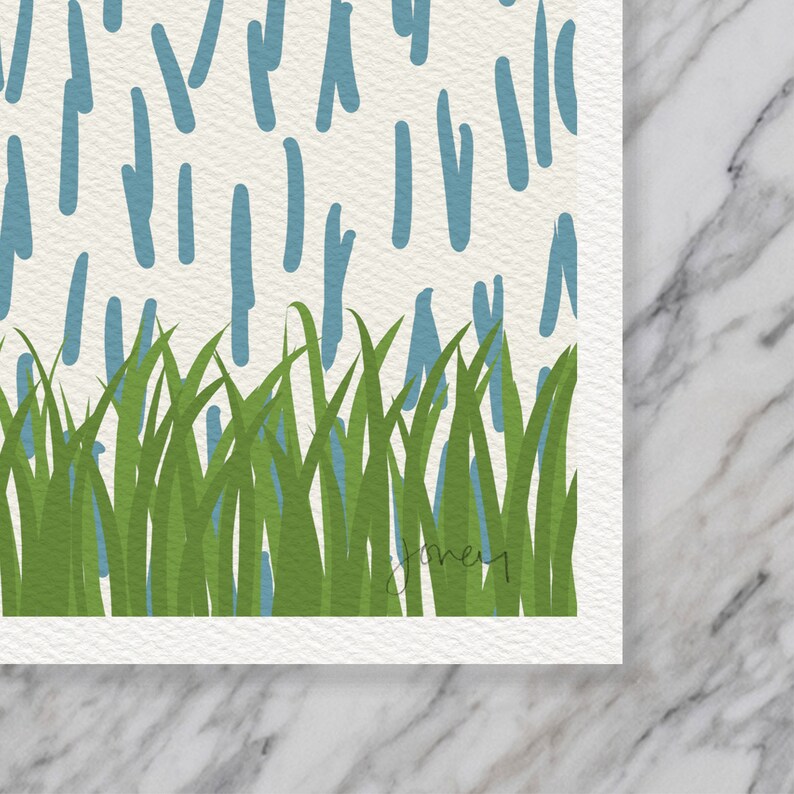 May include: A digital illustration of a field of green grass with blue abstract shapes falling from the sky. The signature "Jmer" is in the bottom right corner.