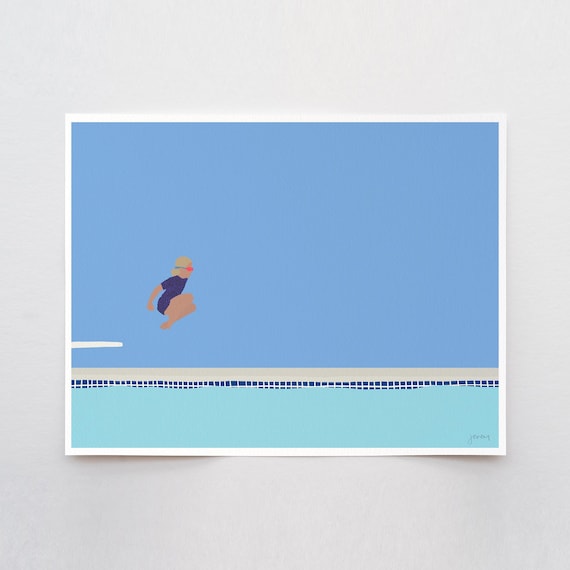 Girl Jumping into Pool Art Print - Signed and Printed by Jorey Hurley - Unframed or Framed - 150713
