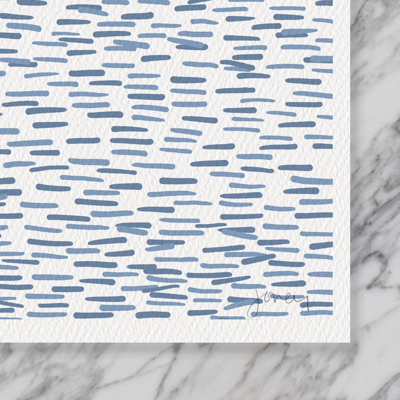 May include: A blue and white abstract pattern with a signature that reads 'Janey' in the bottom right corner.