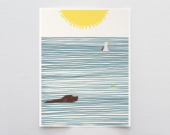 Swimming Dog and Seagull Art Print - Signed and Printed by Jorey Hurley - Unframed or Framed - 210224
