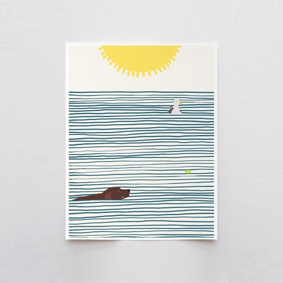 Swimming Dog and Seagull Art Print - Signed and Printed by Jorey Hurley - Unframed or Framed - 210224