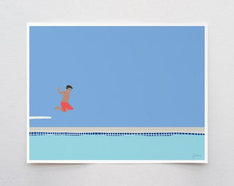 Boy Jumping into Pool Art Print - Signed and Printed by Jorey Hurley - Unframed or Framed - 150713