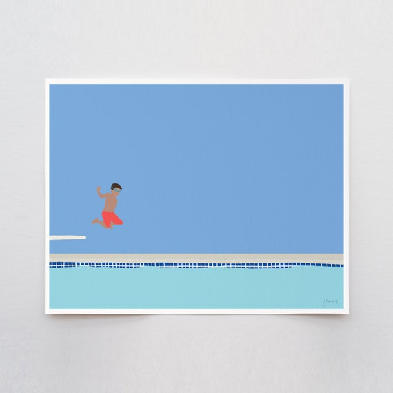 Boy Jumping into Pool Art Print - Signed and Printed by Jorey Hurley - Unframed or Framed - 150713