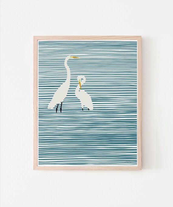 Striped Water with Egrets Art Print - Signed and Printed by the Artist - Framed or Unframed - Coastal Home Decor - 141106
