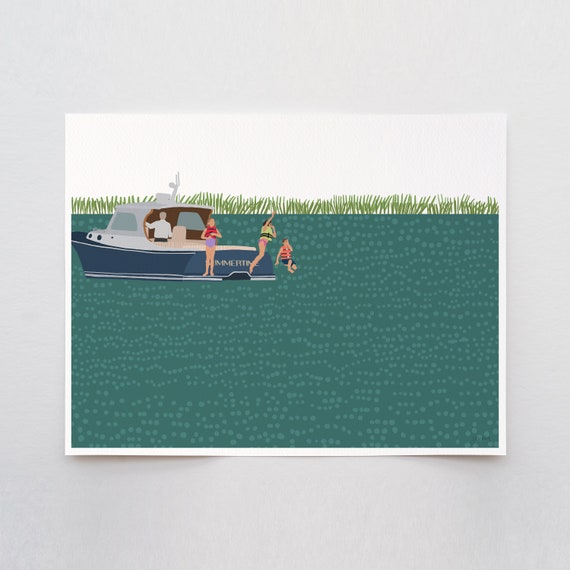 Swimming off a Picnic Boat Art Print - Signed and Printed by Jorey Hurley - Unframed or Framed - 211029