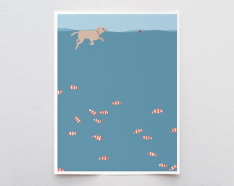 Fish Swimming with Yellow Labrador Art Print - Signed and Printed by Jorey Hurley - Unframed or Framed - 150203