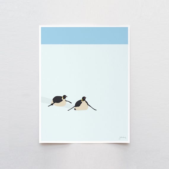 Penguins Sliding in the Snow Art Print - Signed and Printed by Jorey Hurley - Unframed or Framed - 240408