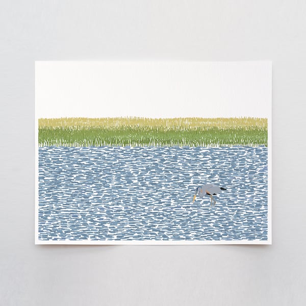 Signed Blue Heron Art Print – Wetlands Illustration by Jorey Hurley - 210807