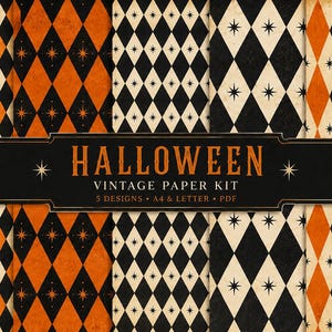 May include: A digital paper kit featuring five distinct patterns of diamonds and stars in orange, black, and cream. The central black banner displays the text HALLOWEEN VINTAGE PAPER KIT, 10 PAGES, A4 & LETTER, PDF, 5 DESIGNS, and Silvica Art.