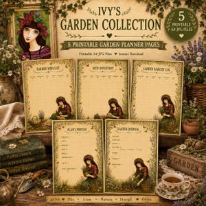 Op de afbeelding: Een set van vijf printbare A4-tuinplannerpagina's getiteld Ivy's Garden Collection. Elke pagina bevat een vintage-stijl illustratie van een persoon met een bloemenkrans, botanische randen en secties voor tuinverlanglijstjes, zaadvoorraad, oogstlogboeken, plantprofielen en tuindagboeken.