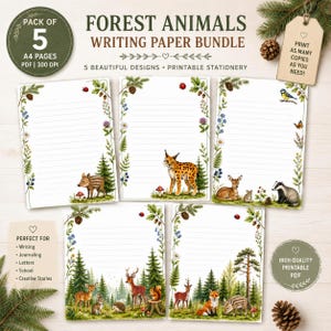 Forest Animals Writing Paper Printable | Woodland Stationery Bundle | 5 A4 Lined Pages | Nature Writing Paper JPG | Kids & Adults