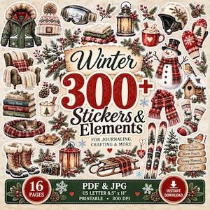 Op de afbeelding: Een digitale collectie van meer dan 300 winterse stickers en elementen met illustraties van sneeuwpoppen, warme kleding, dennentakken, warme chocolademelk en kerstdecoratie. De set bevat 16 printbare pagina's in PDF- en JPG-bestandsformaten.