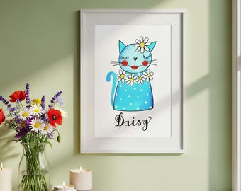 風変わりな猫のウォールアート、デイジー猫のプリント、ターコイズブルーの子供部屋の装飾、かわいい動物のポスター、手描きの女の子の部屋へのギフト、デジタルアートのダウンロード