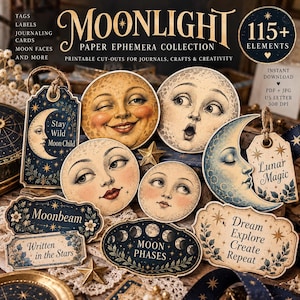 Puede incluir: Una colección de efímeros de papel Moonlight con más de 115 elementos, incluyendo ilustraciones circulares de caras de luna, etiquetas rectangulares con texto como Stay Wild Moon Child y rótulos decorativos con frases como Written in the Stars.