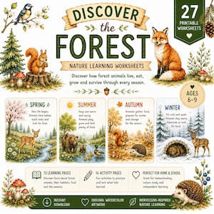 May include: A set of 27 printable nature learning worksheets titled Discover the Forest, featuring watercolor illustrations of forest animals and seasonal landscapes. Includes sections for spring, summer, autumn, and winter, plus 13 learning pages and 14 activity pages for ages 6-9.