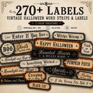 Puede incluir: Una colección de etiquetas y tiras de palabras de Halloween estilo vintage con texto negro sobre fondos crema y naranja. Las frases incluyen Enter If You Dare, Witches Welcome, Happy Halloween, Haunted Hearts y Trick or Treat.